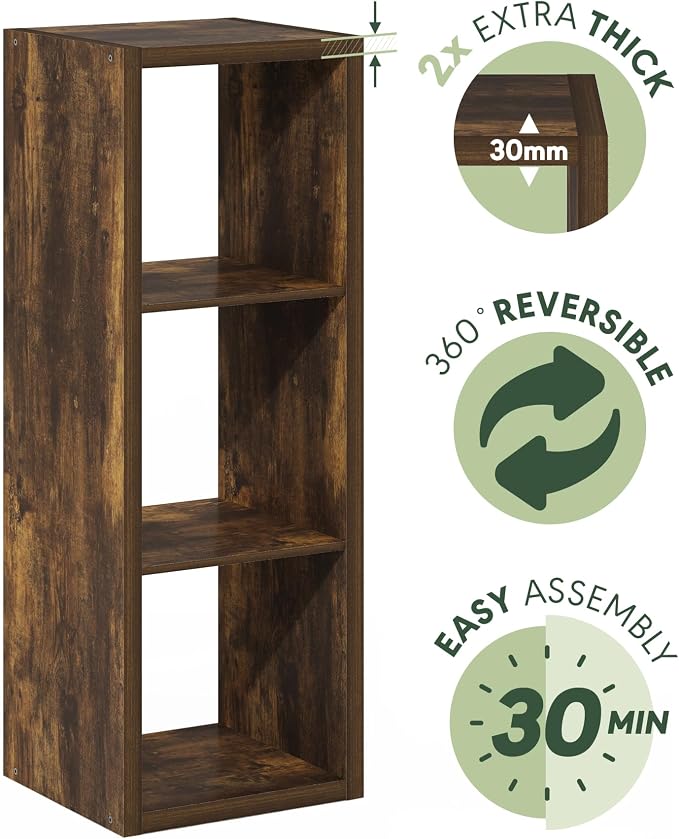 Furinno Cubicle Book Shelf, 3-Cube Bookshelf, Extra Thick Frame Horizontally & Vertically Reversible Bookcase with Open Back, 14.6" x 16" x 44", for Living Room, Bedroom, Home Office, Amber Pine