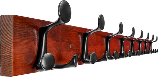 WEBI Coat Rack Wall Mount,43" Solid Wood Coat Hooks Wall Mounted Coat Hanger,16" Hole to Hole,Heavy Duty Hook Rack Rail,8 Triple Hooks for Hanging Coats,Jacket,Clothes,Hat,Backpack,Cherry