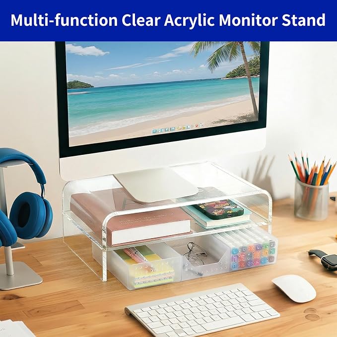 OPNICE Desk Organizer and Accessories, 2-Tier Computer Monitor Stand Riser with Drawer and 2 Pen Holders, Laptop Stand, Office Desk Accessories for Office Supplies, 1 Pack, Transparent