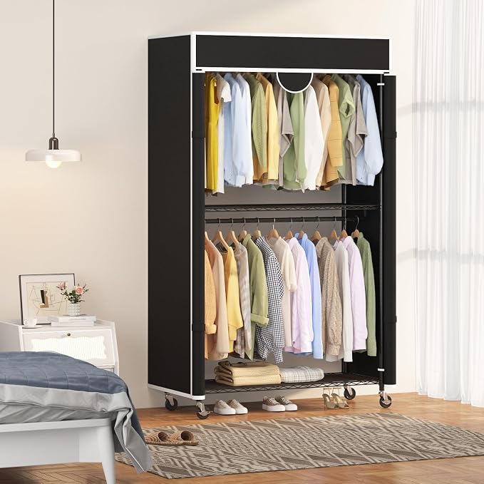 Heavy Duty Garment Rack 485LBS Closet Wardrobe with 4 Wheels & Cover Clothes Rack for Hanging Clothes with Adjustable 3 Shelves & 2 Hanging Rods 45" Lx17 Wx79 H Black