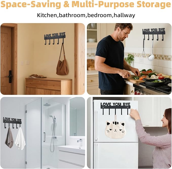 Key Holder Wall Mount, No Drill Adhesive, Black, 5 Hooks | 'Love You.Bye' Entryway Organizer, Metal, 10x4 Inch, Screws Installation