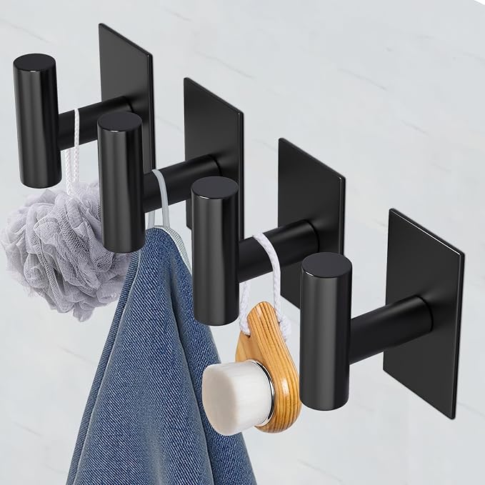 VAEHOLD Wall Towel Hooks, Heavy Duty Sticky Holder Waterproof Towel Hooks for Hanging Coat, Clothes, Closet Hook Wall Mount for Kitchen (Black, 4 Pack)