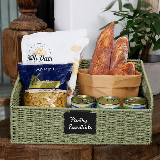 Pantry Organizers, Handwoven Large Wicker Baskets for Shelves, Labeled Storage Baskets for Organizing with Handles - Paper Storage Bins for Shelves, 3 Pack, Green