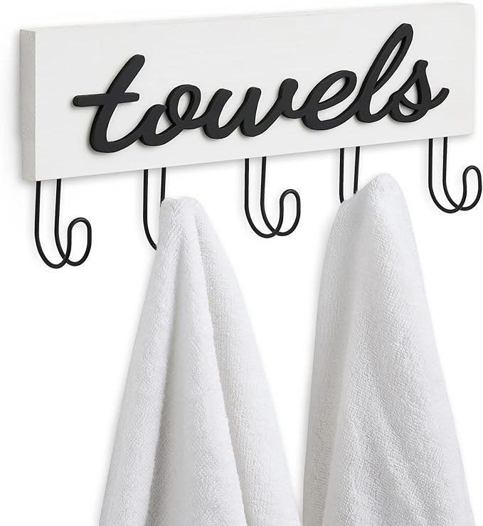Mkono Wall Mounted Towel Rack, 5 Hooks Rustic Wood Bathroom Towel Hanger | Farmhouse Decor, Space Saving, Decorative Letter Design, Easy Install, Sturdy, Hang Bathrobe clothes, Shower Accessories