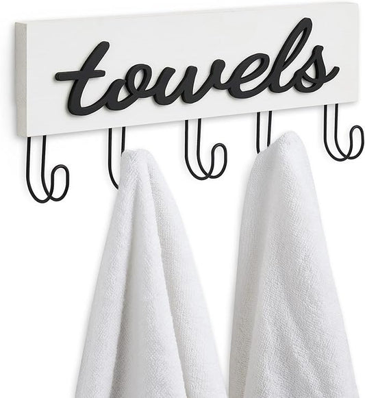 Mkono Wall Mounted Towel Rack, 5 Hooks Rustic Wood Bathroom Towel Hanger | Farmhouse Decor, Space Saving, Decorative Letter Design, Easy Install, Sturdy, Hang Bathrobe clothes, Shower Accessories