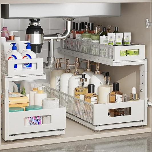 2 Pack 18.5IN-Depth Under Sink Organizer With Next-Gen Ball-Bearing Slides,2-Tier Pull Out Cabinet Storage,Height Adjustable Drawer Shelf for Bathroom,Kitchen,Laundry,Cabinet,Pantry-White