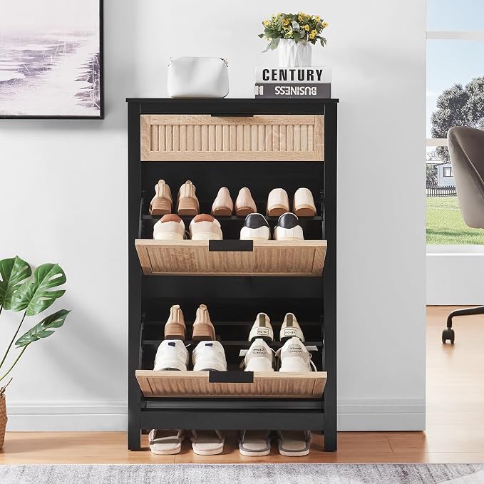 2-Flip Drawer Shoe Cabinet Narrow Entryway Rack, Oak&Black | Vertical Wood Grain, Metal Handles, Adjustable Compartments, Removable Shelf, Anti-Tip Device, for Hallway Foyer Entryway