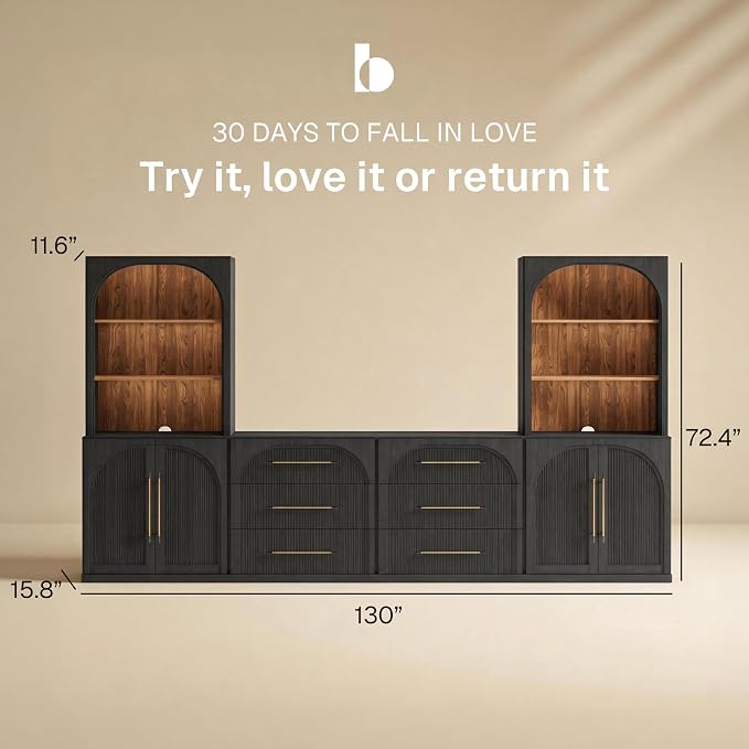 BELLEZE 6-Piece Modular TV Stand Set - 2 Double-Arc Wood Door Sideboards, 2 Sideboards with Drawers, and 2 Hutch Cabinets, Classic Modern Media Console with Adjustable Shelves for Living Room(Ebony)