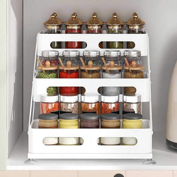 Ceetug 3 Tier Foldable Spice Rack, White | Iron, For Countertop, Kitchen Seasoning Organizer, For Cabinet