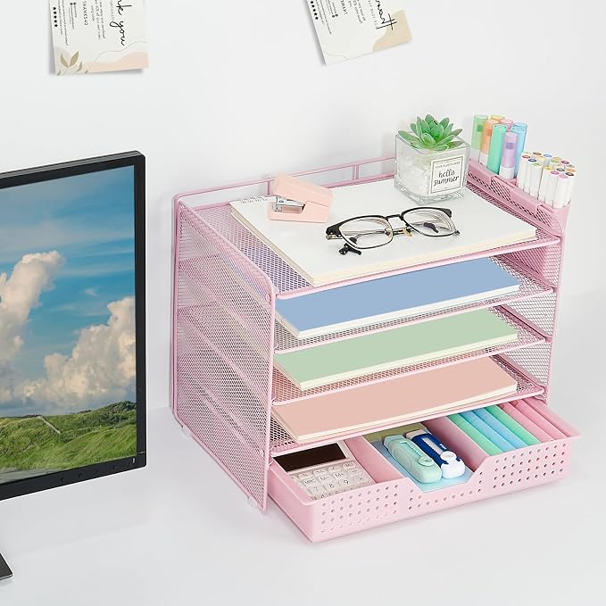 LEKETREE Desk Organizers and Accessories, 5-Tier Paper Letter Tray Organizer with Drawer & 2 Pen Holders, Desktop Organizer for Office Supplies (Pink)
