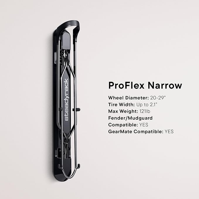Steadyrack Vertical Bike Rack, Wall Mount Storage for Road, Fender Bikes | ProFlex Narrow holds 121 lb, fits gravel, commuter, and e-bikes. Includes GearMate SteadySpine, roll-in, folds flat.