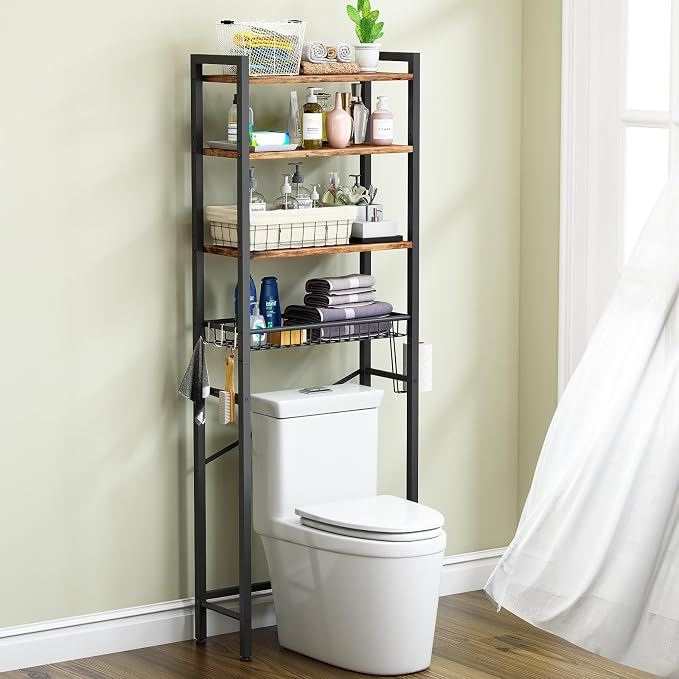 Kalrin Over-The-Toilet Storage Rack, 4-Tier Bathroom Organizer Shelf Over Toilet with Adjustable Shelf and Basket, Freestanding Space Saver Bathroom Shelves Above Toilet for Room (Vintage Brown)