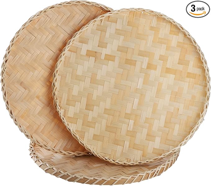 3 Pieces Handmade Bamboo Woven Basket Tray, 13 Inch Round Flat Wicker Baskets, Shallow Food Storage Serving Trays Decorative Wall Hanging Baskets for Breakfast, Fruit, Snacks (Beige)