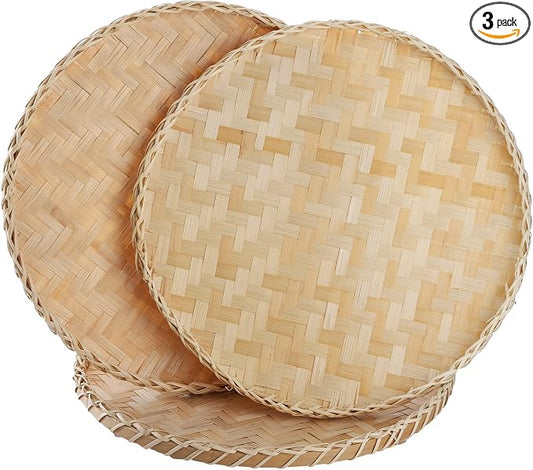 3 Pieces Handmade Bamboo Woven Basket Tray, 13 Inch Round Flat Wicker Baskets, Shallow Food Storage Serving Trays Decorative Wall Hanging Baskets for Breakfast, Fruit, Snacks (Beige)