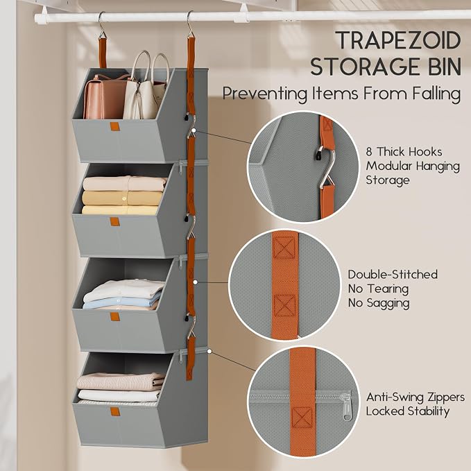 Homsorout Hanging Closet Organizer 4 Tier - Clothes Hanging Shelves, Space-Saving Closet System, Fabric Storage Bins Bedroom Organization, Collapsible Baskets for Home, Dorm, Rv, Grey, 8 Pack