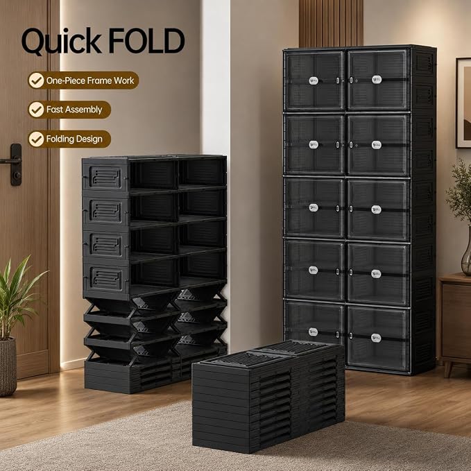 Black Shoe Storage Cabinet for 40 Pairs, Collapsible Plastic Shoe Organizer with Magnetic Clear Doors, 3-Step Tool-Free Assembly for Entryway, Hallway, Apartment and Closet (2Row, 10Tier)