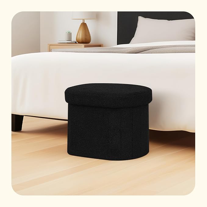 PINPLUS Storage Ottoman Boulce Tufted Oval Small Ottomans Bench Foot Rest with Storage 16.1"x12.2"x12.2" (Black)