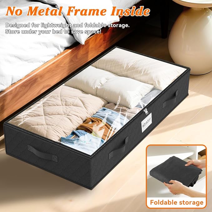 90L Under Bed Storage Containers, Storage Bags, Organizers, 8-Pack, Black | Foldable, Soft Fabric, Closet Organizers, Reinforced Handle, Label Holder, Clear Window, for Comforters, Clothing, Blankets
