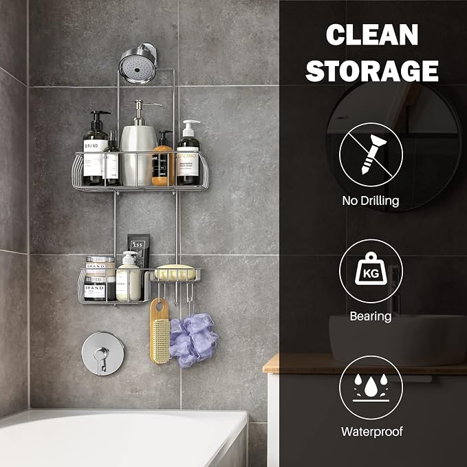 Epicano Shower Caddy Hanging Over Head, Chrome,Stainless Steel | Rustproof,4 Hooks for Towels,Sponge and & Bathroom Accessories,Anti-Swing Suction Cups & Adhesive hooks