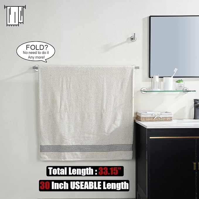 JQK Bath Towel Bar, 33 Inch 304 Stainless Steel Thicken 0.8mm Single Towel Rack for Bathroom, Towel Holder Brushed Finished Wall Mount, Useable Length 30 Inch, TB110L30-BN