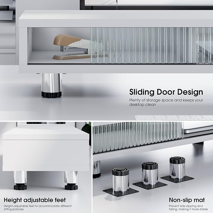 Fenge Dual Monitor Stand with Storage, Desk Shelf with Glass Sliding Door | Ergonomic Height Adjustment, 42.5in Monitor Shelf, 2-Tier Monitor Riser, Desk Organizer for Screen, PC, Laptop, White