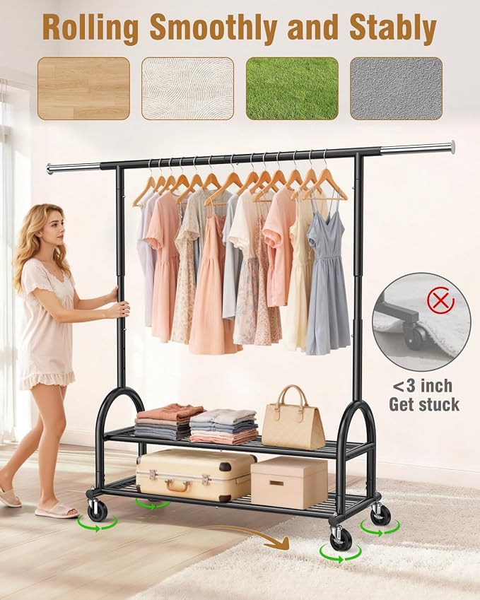 EAGMAK Heavy Duty Clothes Rack for Hanging Clothes Load 556 LBS, Height Adjustable Rolling Clothing Racks, Portable Metal Coat Rack Garment Wardrobe with Wheels and Shelves for Bedroom Laundry, Black