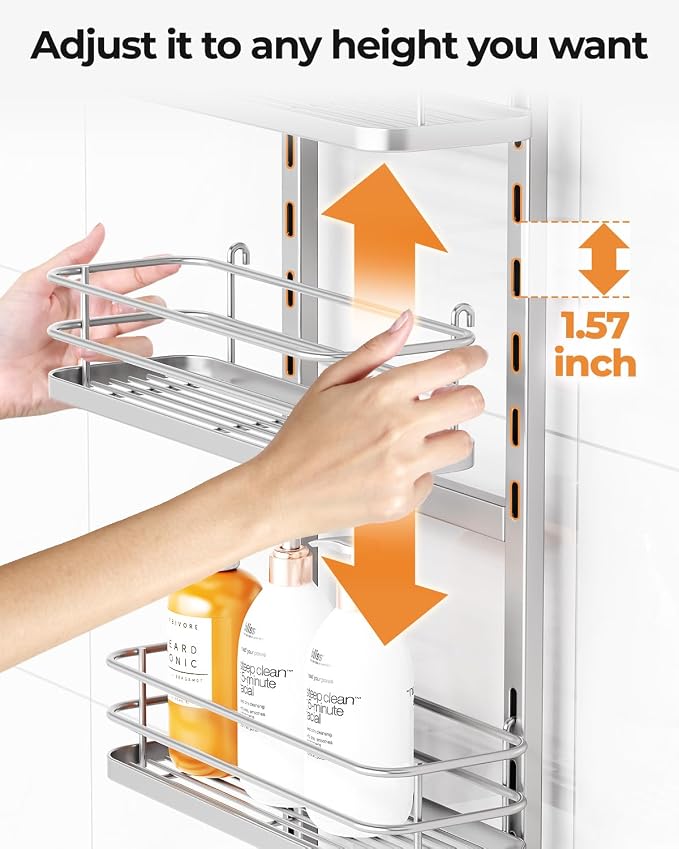 ODesign 3 Tier Adjustable Shower Organizer Hanging Over Head Silver | Shower organizer hanging,no drilling required,comes with removable hook and storage box, suitable for indoor showers