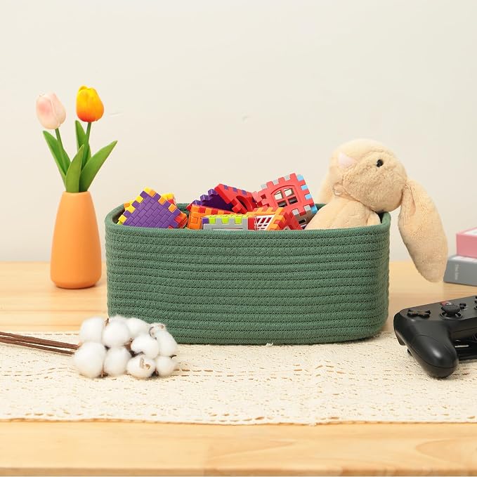 MiniArk Small Storage Baskets for Organizing | Closet Organizer Bins | Shelf Toy Basket | Woven Rope Baskets | Cube Decorative Box | Shallow Basket | 11.5x7.5x4.7” | 4 Packs Green