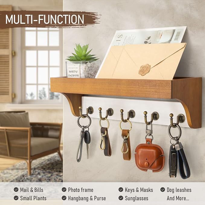 Rebee Vision Key Holder Wall Mount for Home Decor, Light Brown & White | 5 Key Hooks, Floating Shelf, Farmhouse Key Holder for Wall, Decorative Hanging Organizer, Home Storage Accent