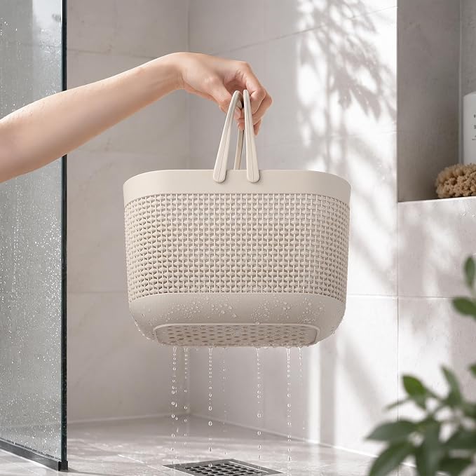 Plastic Portable Shower Caddy Basket, Storage Organizer with Handle, Beige | Bottom Drain Holes, Keep Dry, Sturdy and Durable, Easy to Carry for Bathroom, Kitchen, Dorm Room, RV, College