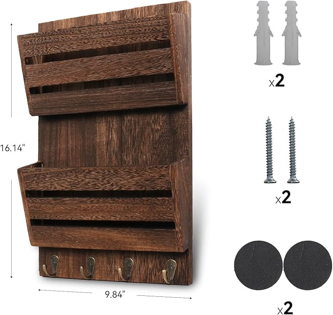 Mail Organizer Wall Mount with 4 Key Hooks, Rustic Wooden Hanging Mail Sorter Farmhouse Key Holder for Wall Decoration, 2-Slot Wall File and Magazines Bill Letter Holder (Brown)