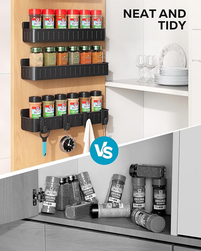 Nieifi Spice Rack Wall Mount, 4 Pack Black, 2" Depth, Screw/Adhesive | Wall-Mounted with Removable Hooks Saves Counter Space, Fits 2" Deep Jars, Ideal for Kitchen Cabinets, Pantry Doors, and RVs.