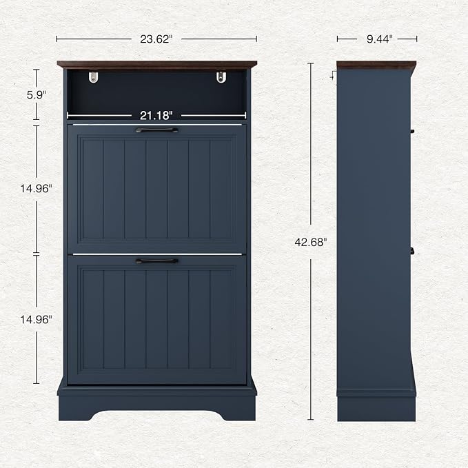 24" W Hidden Shoe Storage Cabinet with 2 Flip Drawers & Open Storage | Farmhouse Modern Shoes Rack Cabinet,Adjustable Shelves, Narrow Slim Shoes Organizer for Entryway,Foyer,Hallway,Navy Blue