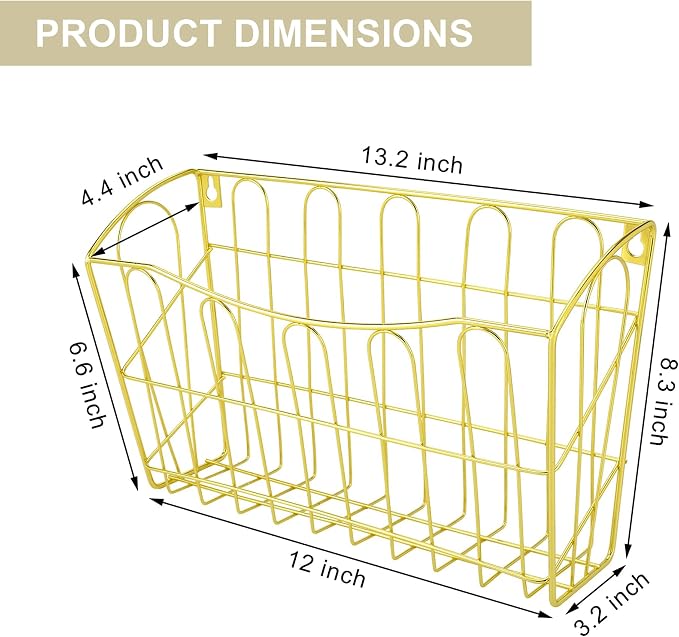 TQVAI Hanging Wall File Organizer 3 Pack, Gold Metal Wall Mounted File Holder, No Assembly Required, Curved Pocket Paper Document Rack for Office Home School Magazine Mail Storage