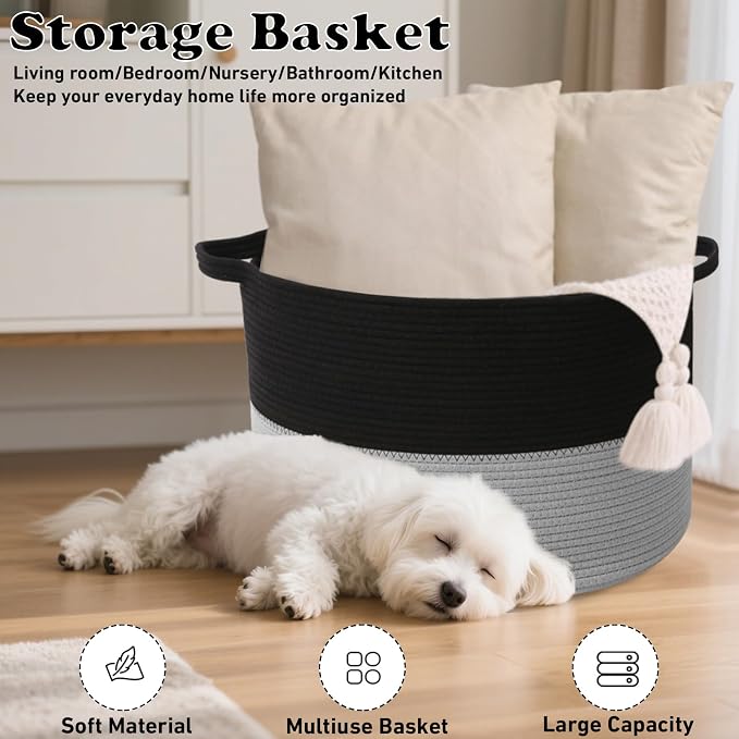 90L Large Blanket Basket,Woven Laundry Basket-Black&Light Grey | Collapsible, reinforced handles, nursery storage bin organizes clothes, toys and pillows for living room, bedroom bathroom