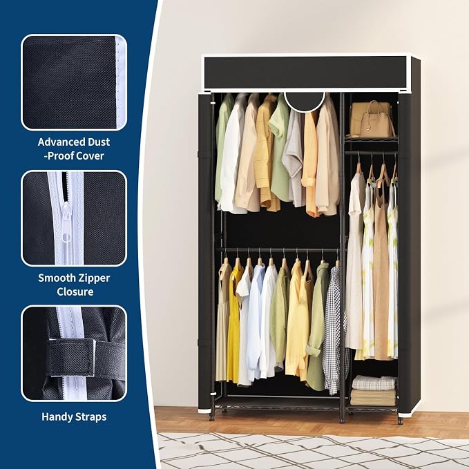 Heavy Duty Garment Rack 720lbs Load Closet Wardrobe with Cover Clothes Rack for Hanging Clothes with Adjustable 3 Shelves & 3 Hanging Rods 76.46" H X 43.31" L X 15.75" W Black