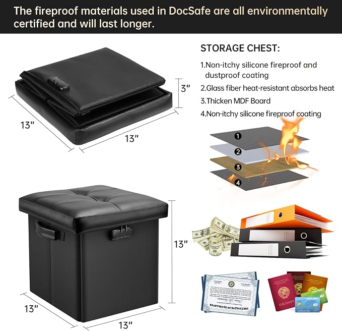 DocSafe Storage Ottoman with Lock,Fireproof Folding Ottoman Foot Rest Stool Storage Chest with Storage Safe for Important Documents,Waterproof 13 Inches Short Ottoman Foot Stool with Handles,Black