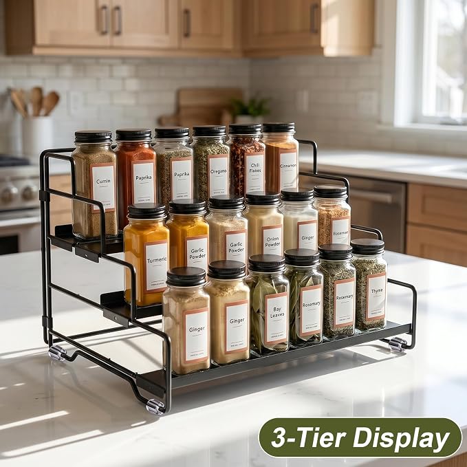 4 Tier Adjustable Spice Rack Organizer for Cabinet & Countertop | Adjustable-Depth Shelves, Tiered Visible Display, Raised Edge Guard, Vertical Space Saver, Metal Construction, Black