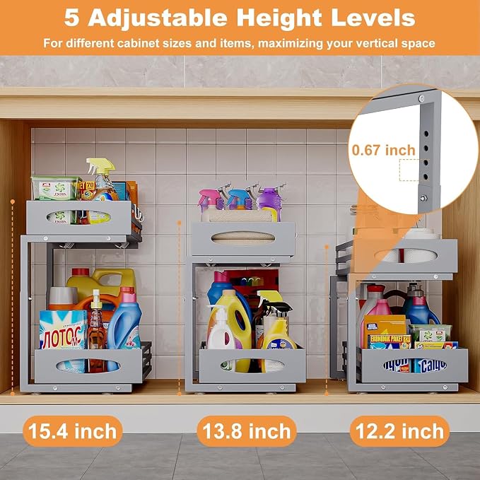 Under Sink Organizer, 2 Tier Under Sink Organizers and Storage, Adjustable Height, Slide out Metal Cabinet Organizers, Pull out Cabinet Storage Drawer Shelf for Kitchen Bathroom (Gray, 2 Pack)