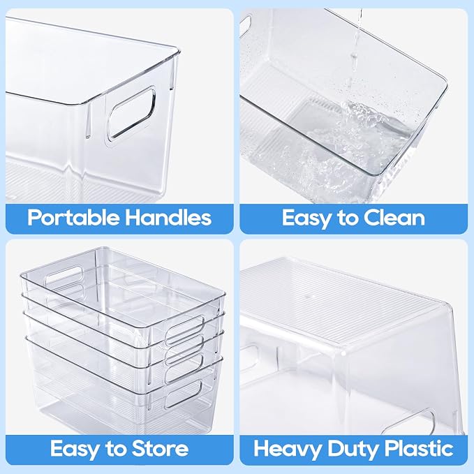 JollyPack Clear Plastic Storage Bins, 4 Pack | Pantry Organizers, Storage with Handles, Clear Storage Containers,Great for Fridge, Kitchen, Cabinet, Bathroom and Office