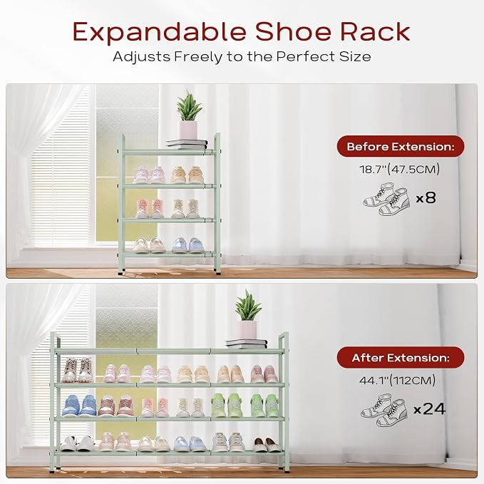 Bumusty 4 Tier Long Expandable Shoe Rack for Closet, Green | 18"-44" Adjustable Shoe Rack for Entryway, Shoe Organizer for Dorm, Front Door, Sturdy Metal