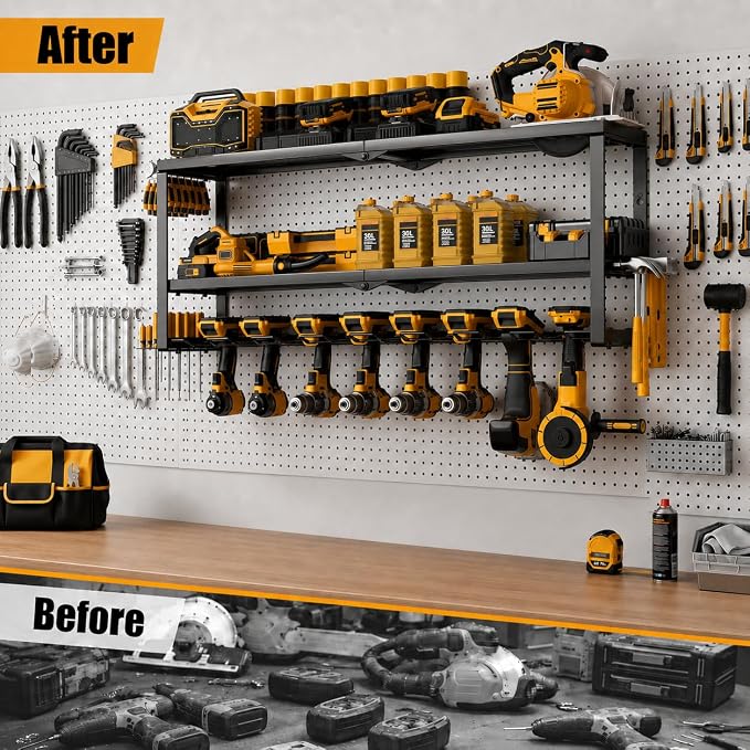 Heavy Duty Power Tool Organizer Wall Mount, Metal Tool Storage Rack Loads 320lbs, 8 Cordless Drill Holder 3 Layer for Garage, Workshop, Tool Room, Gift for Men