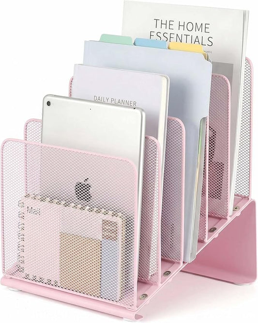 LEKETREE File Organizer for Desk, Desk Organizer with 5-Section Vertical File Rack, Folder Organizer,Workspace Organizers (Pink)