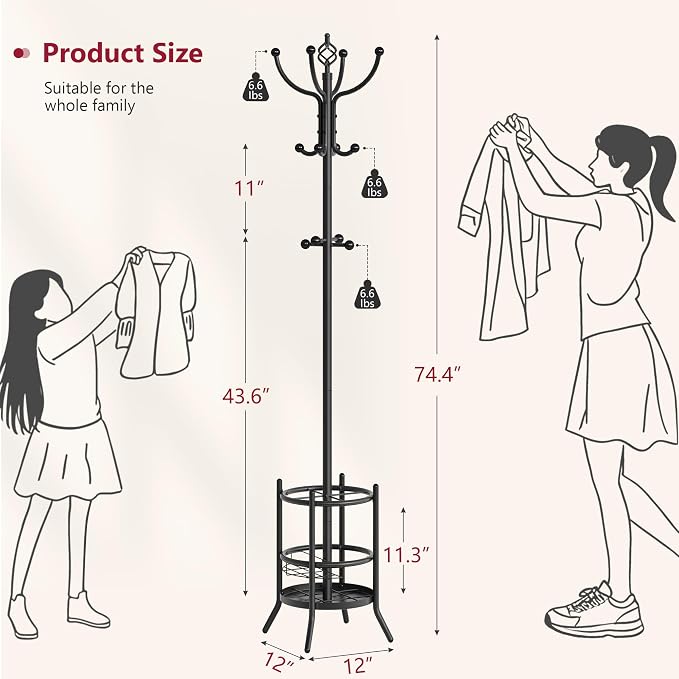 Tajsoon Coat Rack with Umbrella Holder, Coat Stand With 16 Hooks, Black | 2-In-1 Design, Coat Tree Freestanding, Durable & Stable, Space-Saving, For Living Room, Bedroom, Office