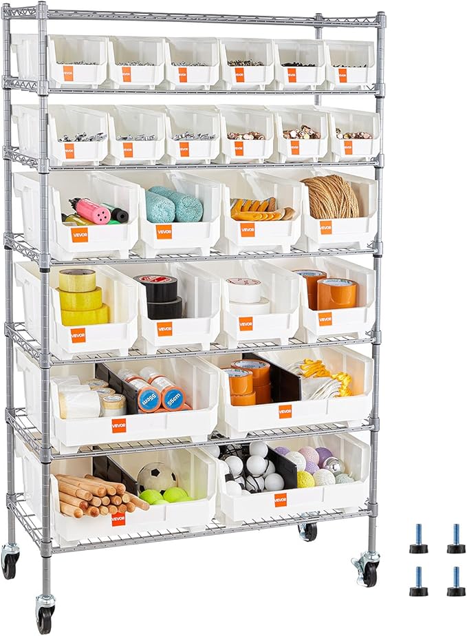 VEVOR 7-Tier Rolling Bin Storage Rack, 24 Organizer Bins, Bin Rack Storage Steel Wire Shelving System with Wheels, Mobile Tool Organizer for Garage, Warehouse, Office, Restaurant, Classroom, Kitchen