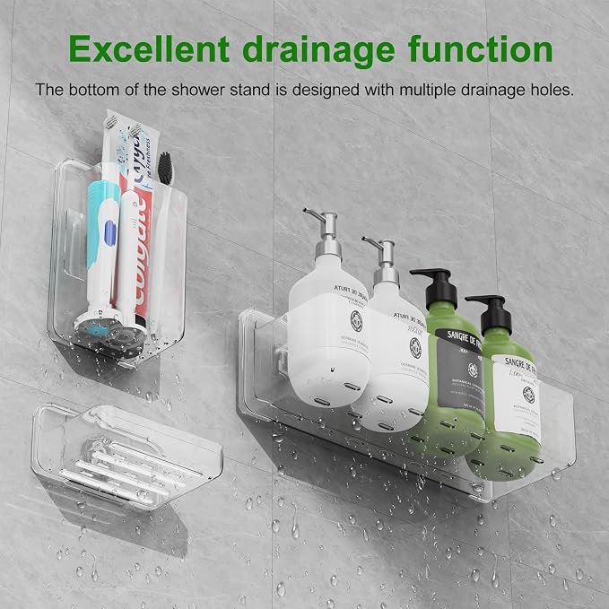 Adhesive Shower Caddy Shower Shelves Bathroom Organizer and Storage | 6 Pack，Rustproof，No Drilling，with Soap Holder，Clear，Acrylic， Large Capacity，Removable and Reusable，Plastics，Wall-Mounted