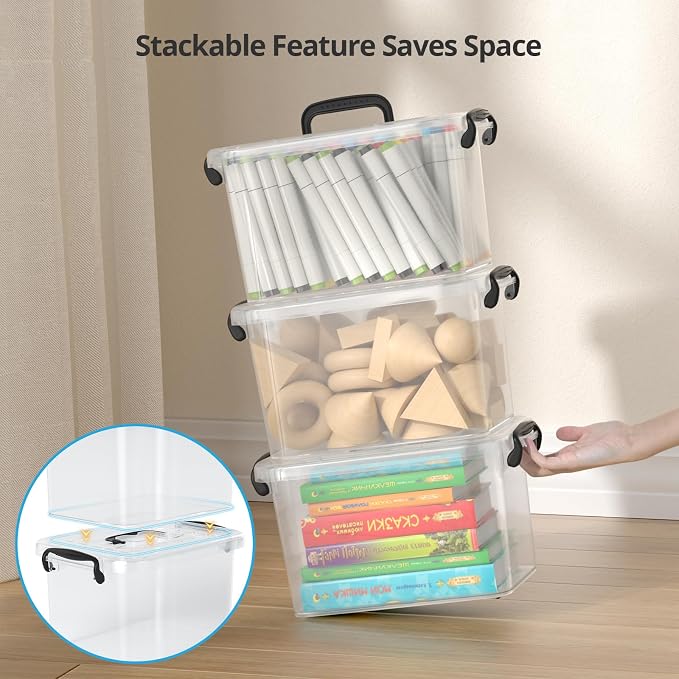 Plastic Storage Containers with Lids - 6 Pack 6 Quart Clear Storage Bins with Lids, Stackable Storage Containers for Organizing, Small Plastic Storage Box with Lid, Black Handle and Latches