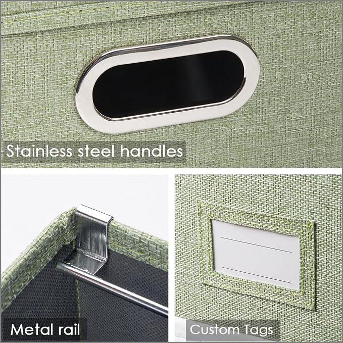 File Organizer Box - Set of 1 Collapsible Decorative Linen Filing Storage Hanging File Folders with Lids Office Cabinet Letter/Legal Green (17x14x11.2 inch)