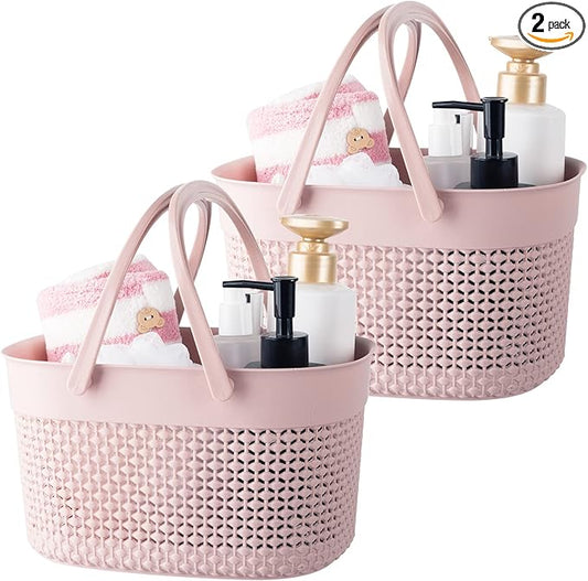 rejomiik 2 Pack Portable Plastic Shower Caddy Basket with Handles, Pink | Organizer Storage Tote Toiletry Bin for Bathroom, College Dorm Essentials, Kitchen, Camp, Gym Organizer Storage Tote Toiletry