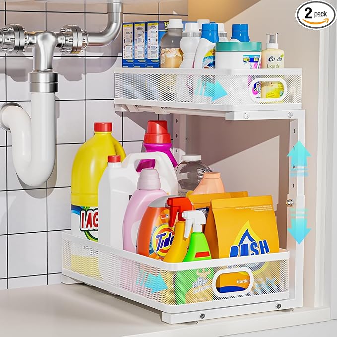Under Sink Organizer, High Adjustable 2 Tier Under Sink Organizers and Storage, Slide out Metal Cabinet Organizers, Pull out Storage Drawer Shelf for Kitchen Bathroom Cabinet (White-1 pack)